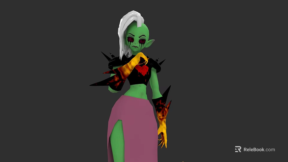 Game Movie Character Featuring Green Skin White Hair Red Heart Object And Flame Decorations 3d model 