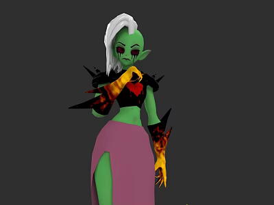 Game Movie Character Featuring Green Skin White Hair Red Heart Object And Flame Decorations 3d model