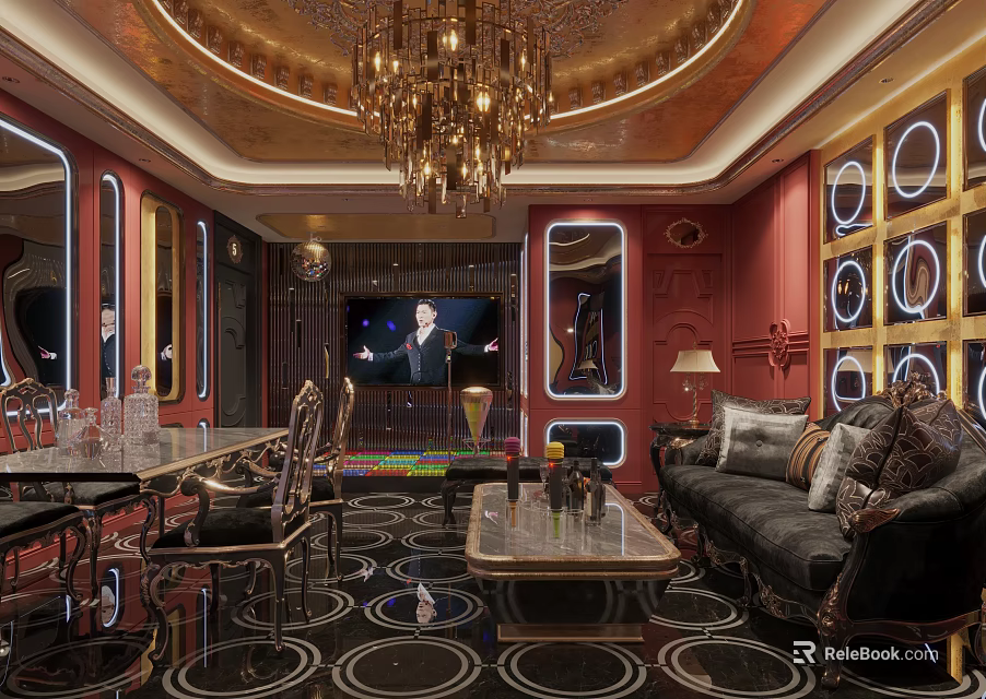 Luxury KTV Interior With Chandelier Sofa TV Screen And Decorative Furniture 3d model 