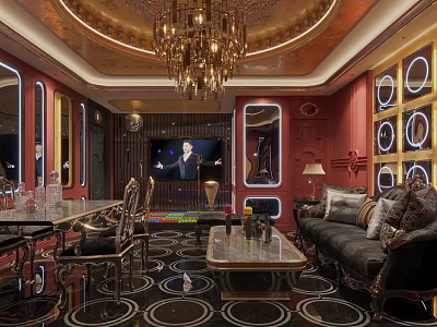 Luxury KTV Interior With Chandelier Sofa TV Screen And Decorative Furniture 3d model