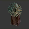 Artistic Wooden Windmill Sculpture With Radial Blades And Square Base Structure