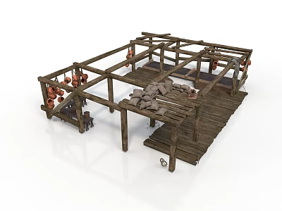 Wooden Building Structure with Wooden Floor Stones Hanging Lanterns and Table Stools 3d model