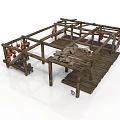 Wooden Building Structure with Wooden Floor Stones Hanging Lanterns and Table Stools