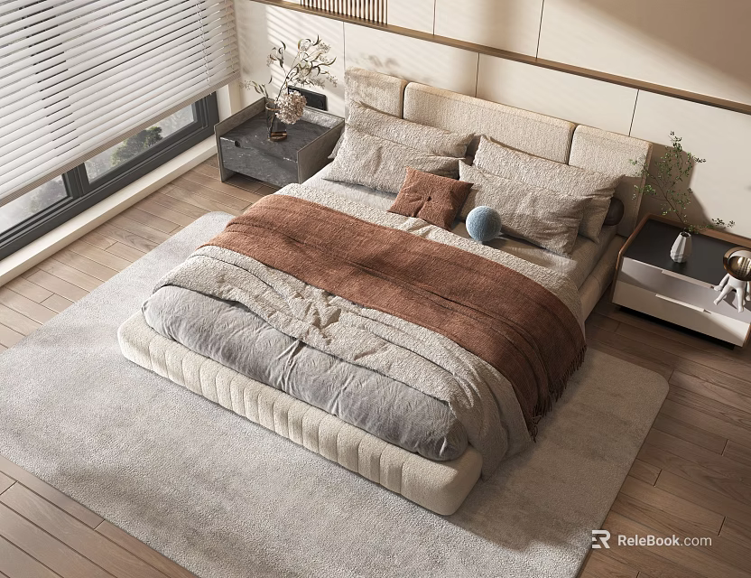 Modern Double Bed with Soft Headboard and Cozy Bedding in Warm Bedroom Setting 3d model 