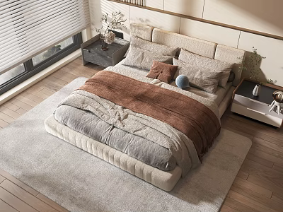 Modern Double Bed with Soft Headboard and Cozy Bedding in Warm Bedroom Setting 3d model
