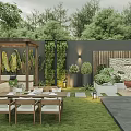 Garden Landscape Design With Outdoor Dining Area Green Wall Wooden Pergola And Lawn