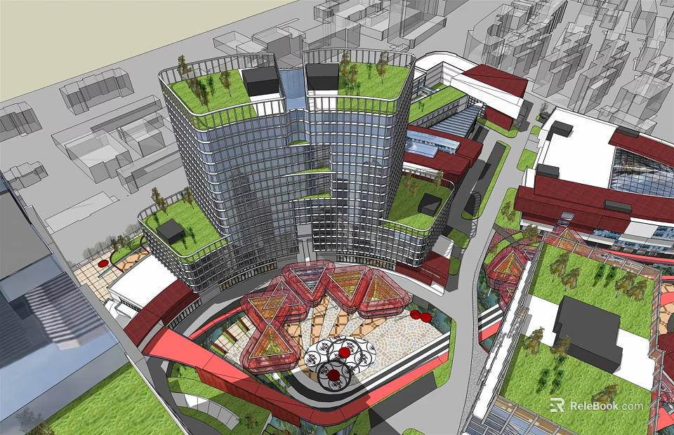Modern Commercial Complex With Green Roof Open Plaza And Urban Surroundings 3d model 