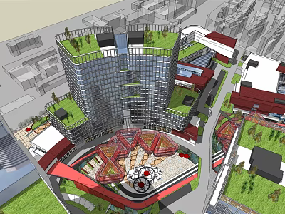 Modern Commercial Complex With Green Roof Open Plaza And Urban Surroundings 3d model