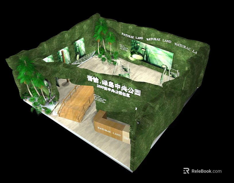 Exhibition Booth Design with Green Decor Palm Trees Wooden Structure and Reception Desk 3d model 