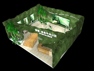 Exhibition Booth Design with Green Decor Palm Trees Wooden Structure and Reception Desk 3d model