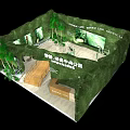 Exhibition Booth Design with Green Decor Palm Trees Wooden Structure and Reception Desk