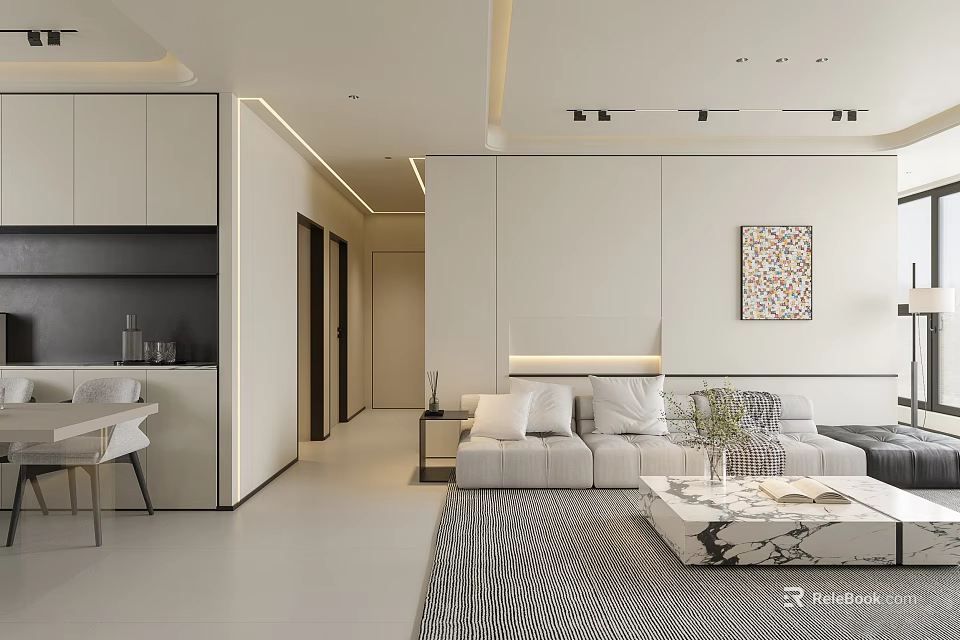 Modern Living and Dining Room Interior Design With Sofa Marble Coffee Table And Artwork 3d model 