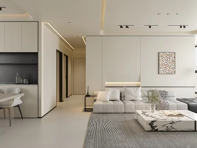 Modern Living and Dining Room Interior Design With Sofa Marble Coffee Table And Artwork 3d model