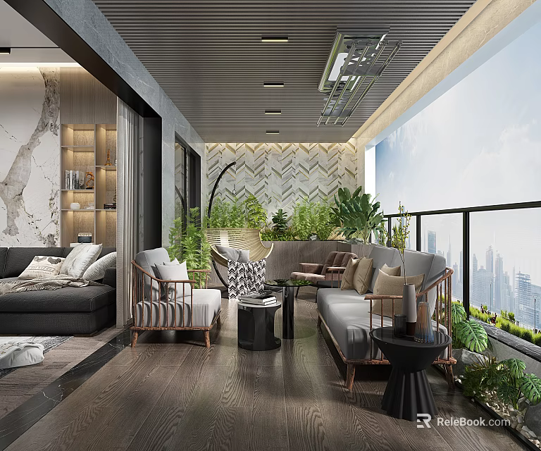 Modern Home Balcony Leisure Area With Sofa Seating Green Plants And City View 3d model 