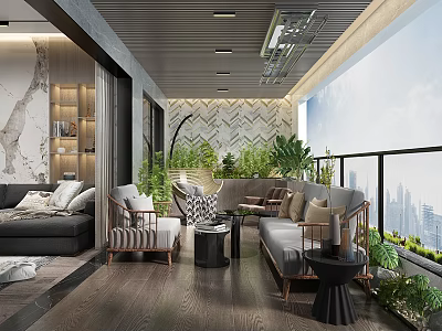 Modern Home Balcony Leisure Area With Sofa Seating Green Plants And City View 3d model