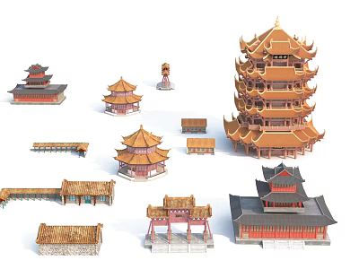 Traditional Chinese Ancient Architecture Models with Pagodas Pavilions Memorial Arches Bridges and Wooden Structures 3d model