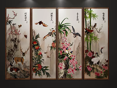 Chinese Landscape Paintings With Plum Blossoms Deer Birds Bamboo Crane Peonies And Calligraphy Inscriptions 3d model