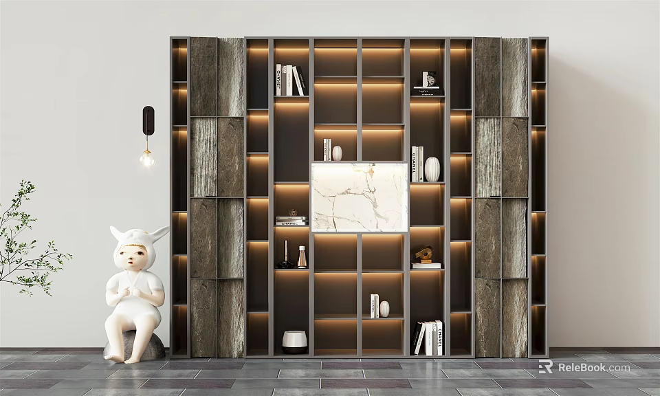 Modern Display Cabinet with Multiple Shelves Decorative Items Books and Interior Lighting 3d model 