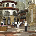 Charming European Style Commercial Street With People Walking Trees And Flower Planter