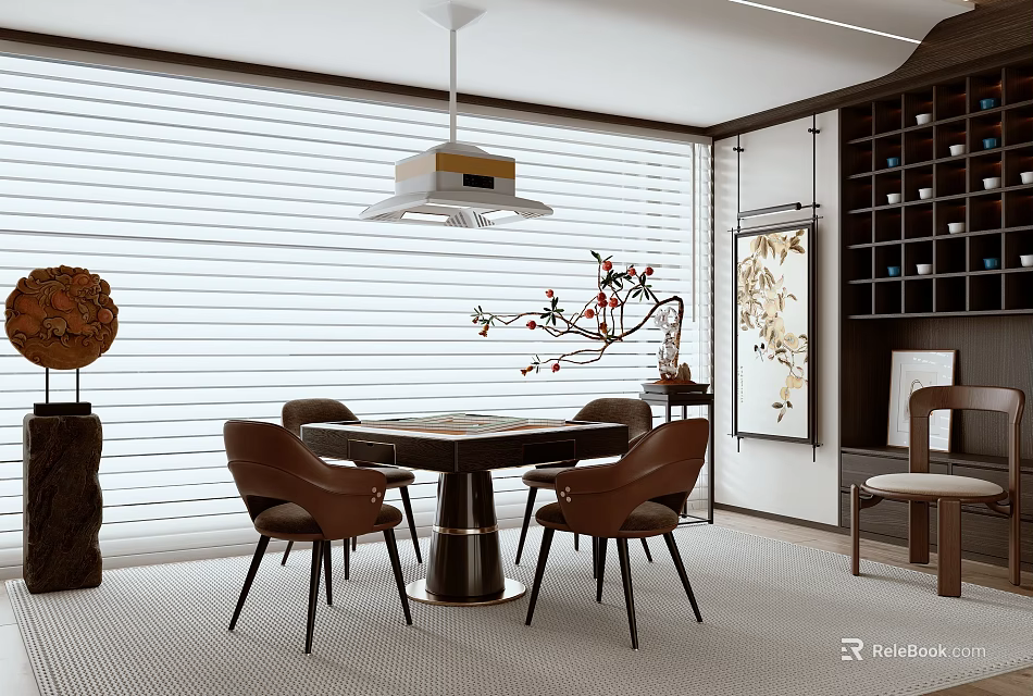 Modern Hotel Mahjong Room Interior With Round Table Brown Chairs Pendant Light And Blinds 3d model 