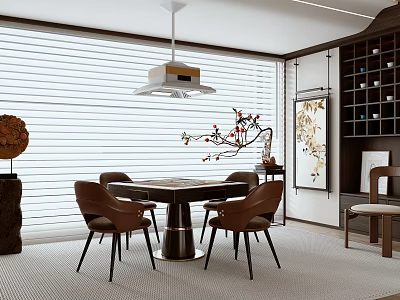 Modern Hotel Mahjong Room Interior With Round Table Brown Chairs Pendant Light And Blinds 3d model