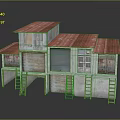 Vintage Building Structure With Red Roof Roller Shutters Windows And Ladders