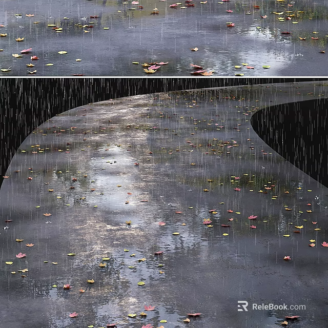 Wet Ground Scene In Rain With Fallen Leaves And Puddles 3d model 