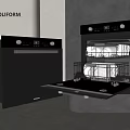 Modern Black Kitchen Appliances Oven And Open Door Dishwasher With Dishes