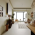 Modern Living and Dining Room Interior With Curved Wooden Cabinets Pendant Light and Dining Table