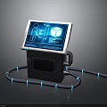 Advanced Digital Device with Screen Blue Interface And Black Base Connected To Glowing Blue Tubes