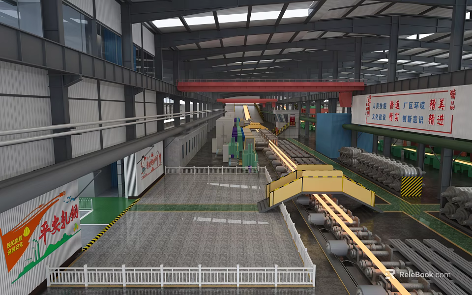 Large Industrial Factory Interior With Production Lines And Safety Rails 3d model 