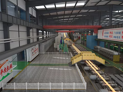 Large Industrial Factory Interior With Production Lines And Safety Rails 3d model