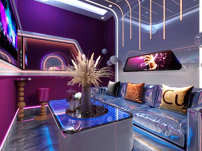 Modern KTV Lounge Interior With Purple Walls Neon Lights Sofa And TV Screens 3d model