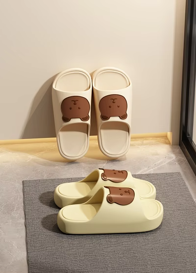 Comfortable Beige Slippers With Cute Brown Bear Patterns Indoor Home Footwear 3d model