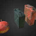 Vintage Colored Metal Fuel Cans With Gas Label Different Sizes And Designs