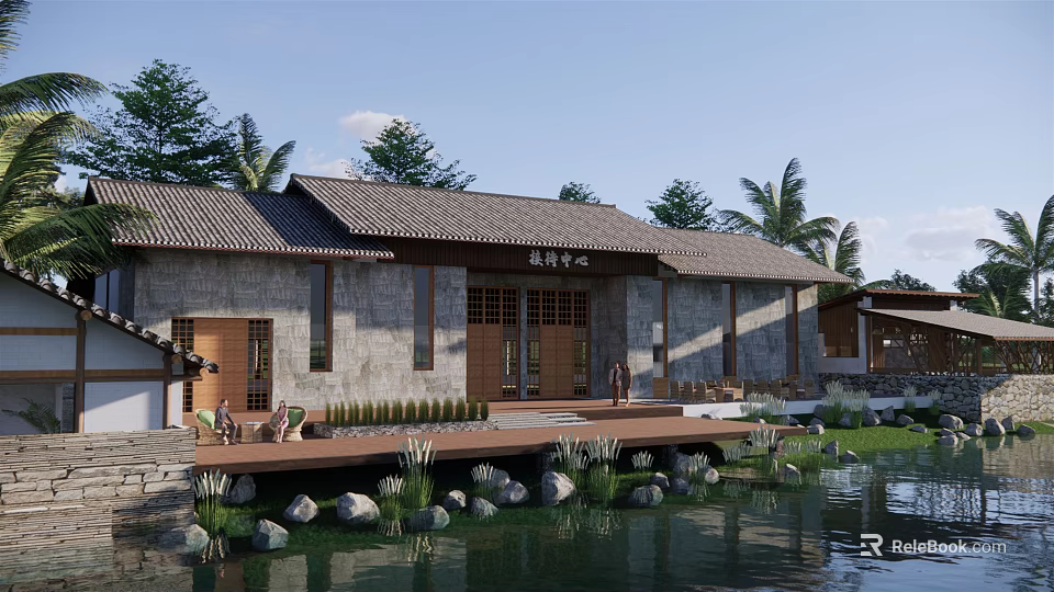 Tranquil Detached Villa Exterior With Gray Walls Tile Roof Wooden Deck And Waterfront Palm Trees 3d model 