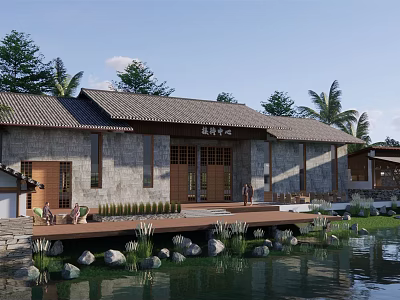 Tranquil Detached Villa Exterior With Gray Walls Tile Roof Wooden Deck And Waterfront Palm Trees 3d model