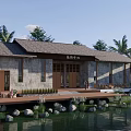 Tranquil Detached Villa Exterior With Gray Walls Tile Roof Wooden Deck And Waterfront Palm Trees