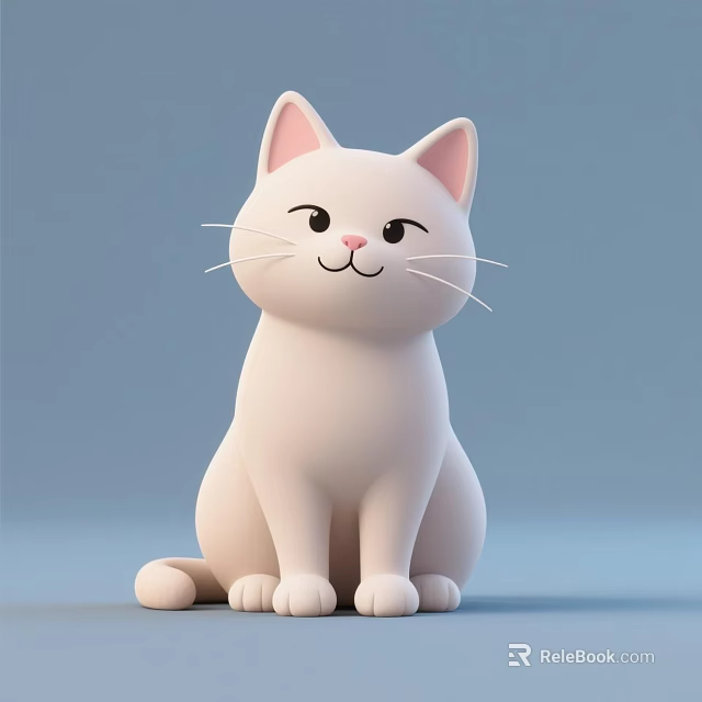 Cute White Cartoon Cat Sitting With Pink Ears And Smiling Expression On Light Blue Background 3d model 
