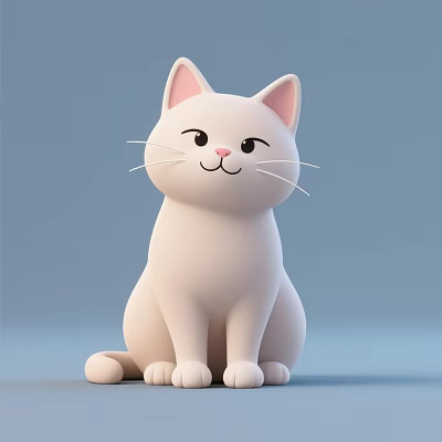 Cute White Cartoon Cat Sitting With Pink Ears And Smiling Expression On Light Blue Background 3d model