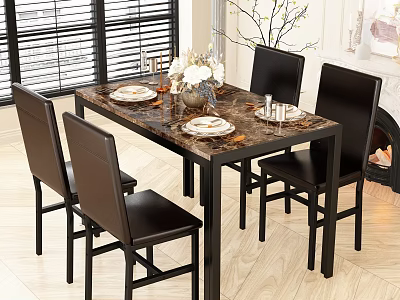 Elegant Restaurant Dining Table With Black Chairs Tableware And Flower Vase Near Window Blinds 3d model