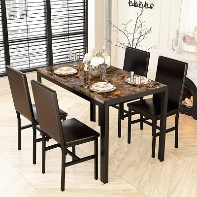 Elegant Restaurant Dining Table With Black Chairs Tableware And Flower Vase Near Window Blinds 3d model