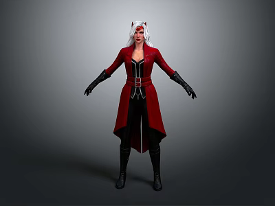 3D Game Movie Character With White Hair Red Eyes White Horns Red Coat Black Gloves 3d model