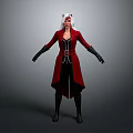 3D Game Movie Character With White Hair Red Eyes White Horns Red Coat Black Gloves
