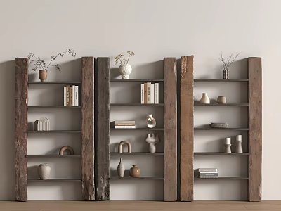 Natural Wood Shelving Unit Displaying Decorative Vases Books and Ornaments in Minimalist Living Room 3d model