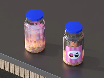 Two Transparent Food Bottles With Blue Lids Granular Contents And Pink Stripe Ice Cream Label 3d model