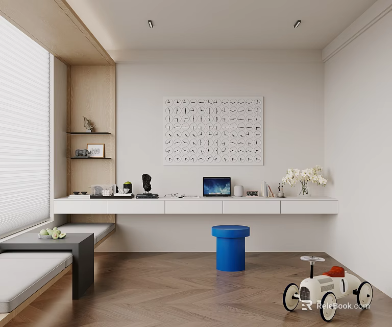 Modern Study Room Interior Design With White Desk Decorative Painting And Blue Stool 3d model 