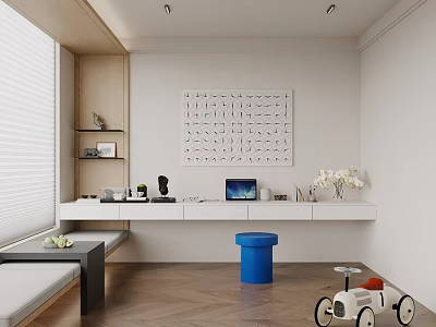 Modern Study Room Interior Design With White Desk Decorative Painting And Blue Stool 3d model
