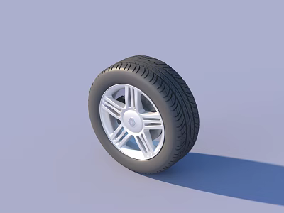 Car Tire with Silver Alloy Wheel and Tread Pattern on Light Blue Background 3d model
