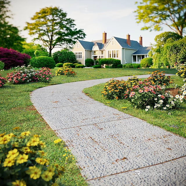Charming Residential Garden Landscape With Winding Stone Path And Vibrant Blooming Flowers Around Cozy Home 3d model 